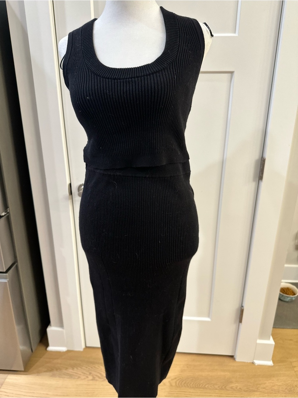 Classic Black Ribbed Knit Midi Skirt and top